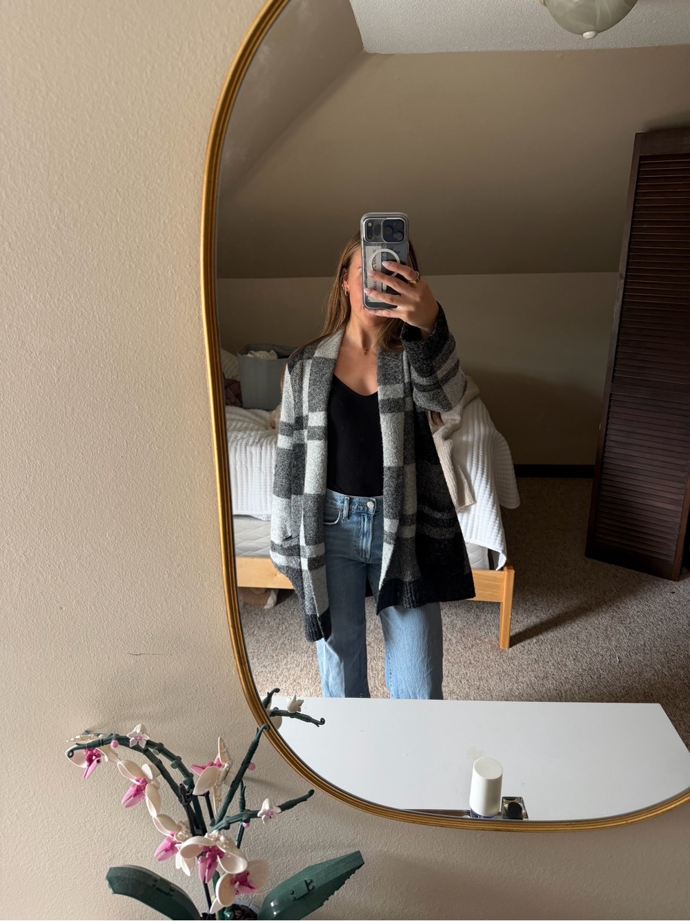 Cyrus Black & Gray Plaid Open-Front Cardigan